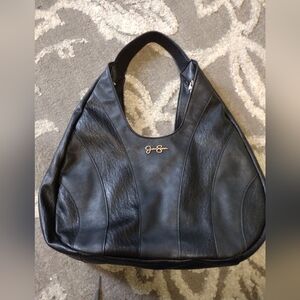 Jessica Simpson black leather purse with gold chain detail